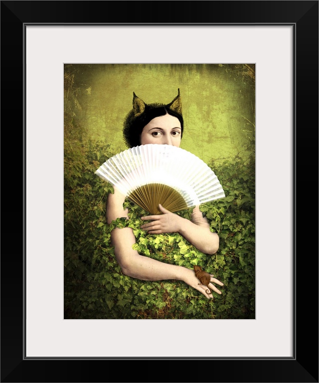 A mixed media painting of a woman peering above a fan.