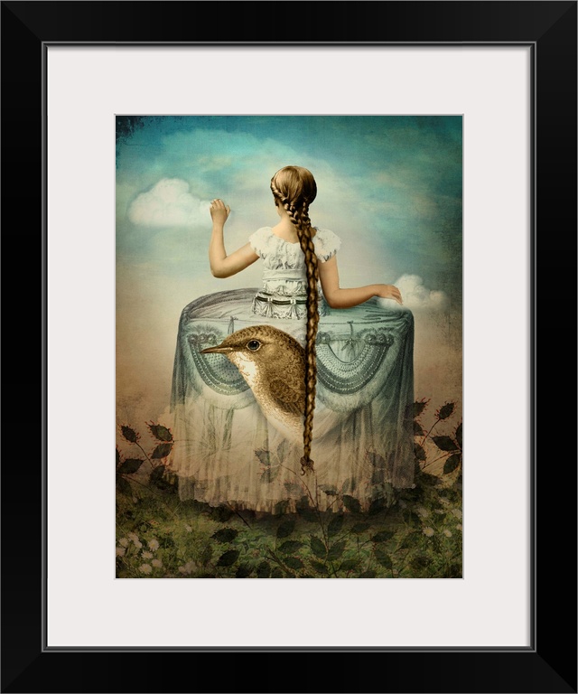 A lady with a long braid is in a Victorian dress which has a large bird and flowers on it.