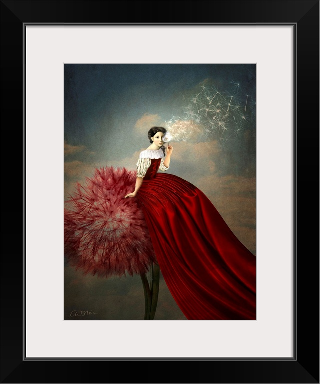 A lady with a long red dress is sitting on a red dandelion.