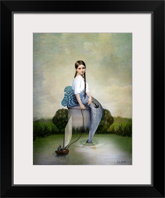 A girl, who is part fish, is pulling on the anchor of a small sailboat in the water.