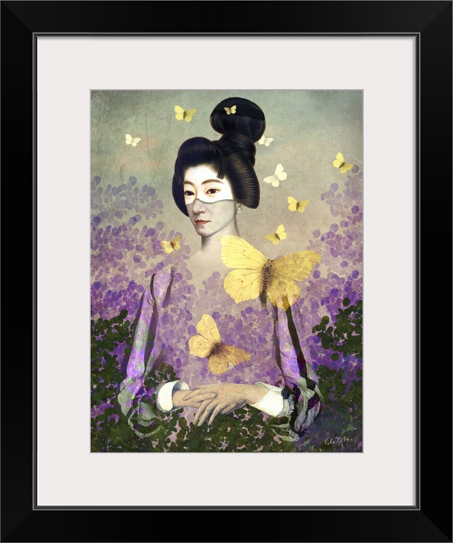 A composite image of a madame butterfly, with beautiful yellow butterflies surrounding the woman.