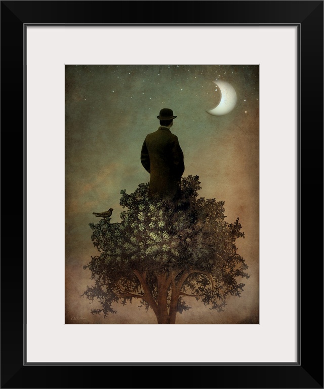 A man standing on the top of a tree looking out at the moon.