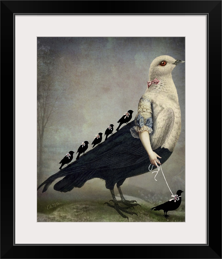 A large bird with human arms is walking a small black bird while a group of birds are riding on the back.