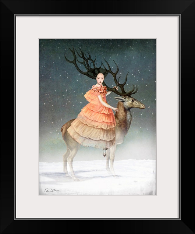 A woman in a peach dress and antlers on her head is riding a large stag in the snow.