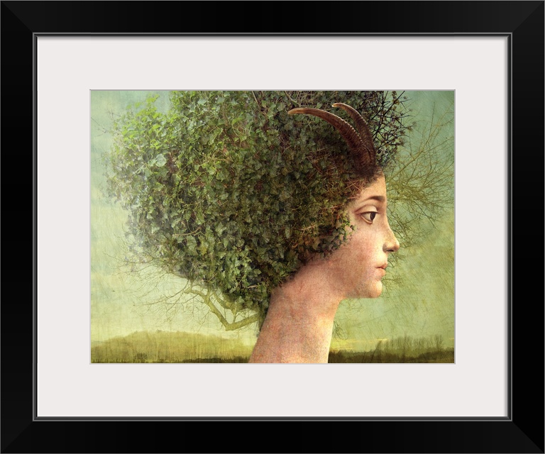 A profile of a young woman who has a tree for hair.