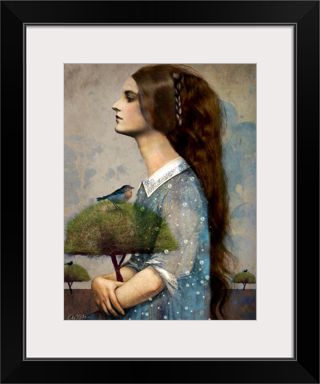 A profile of a woman with long hair, holding a tree with a blue bird in it.