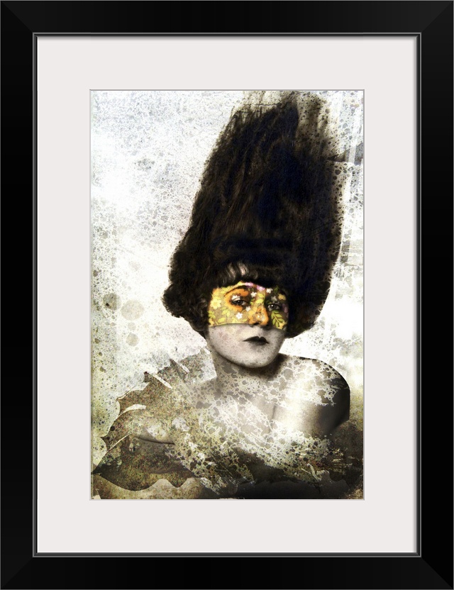 A portrait of a woman wearing a mask with a textured overlay.