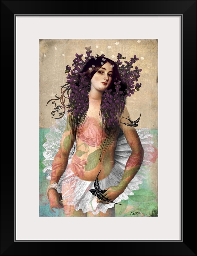 A lady has red roses overlapping her skin and purple flowers in her long hair.