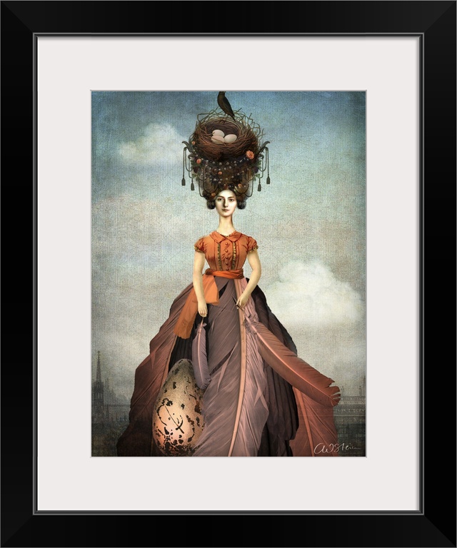 A digital composite of a female wearing a dress made of feathers with a bird nest on her head.