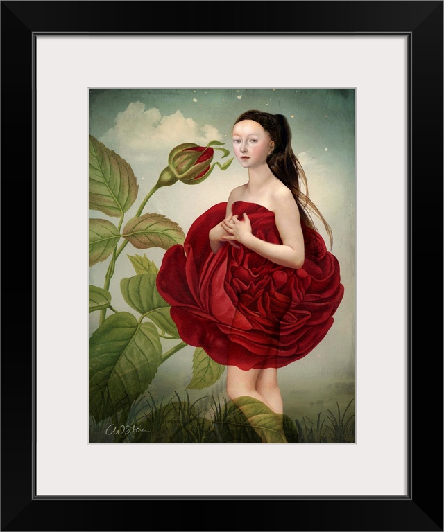 A nude lady in the garden is covered by a large red rose.