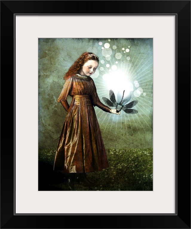 Composite picture of a young girl holding a light bulb with wings.