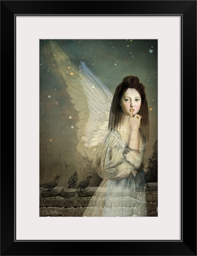 An angel with wings is holding a finger to her mouth as she stands next to a brick wall with birds perched on it.