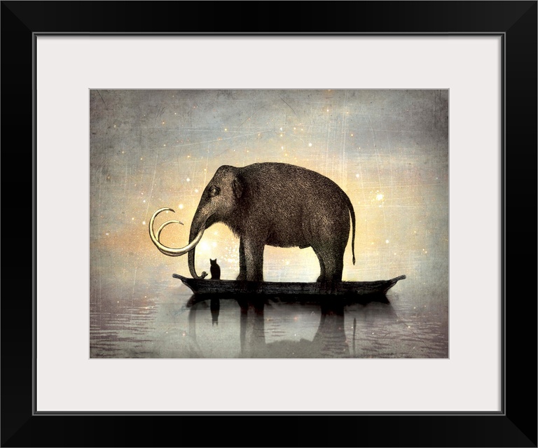 An abstract horizontal composite of a elephant and cat floating on a boat.