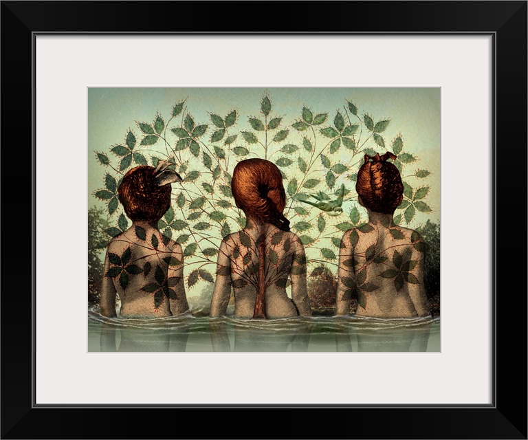 The backside of three woman standing in water with a tree overlapping them.