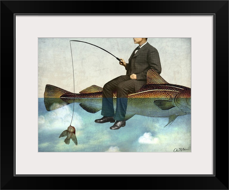 A digital composite of a man sitting on a large fish while fishing for a small bird.