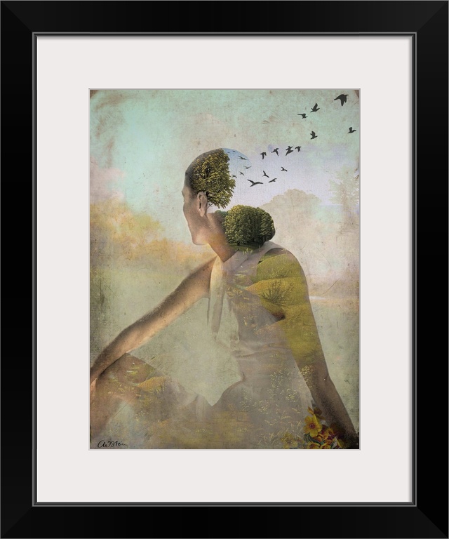 A transparent woman is looking behind her at the surrounding landscape.