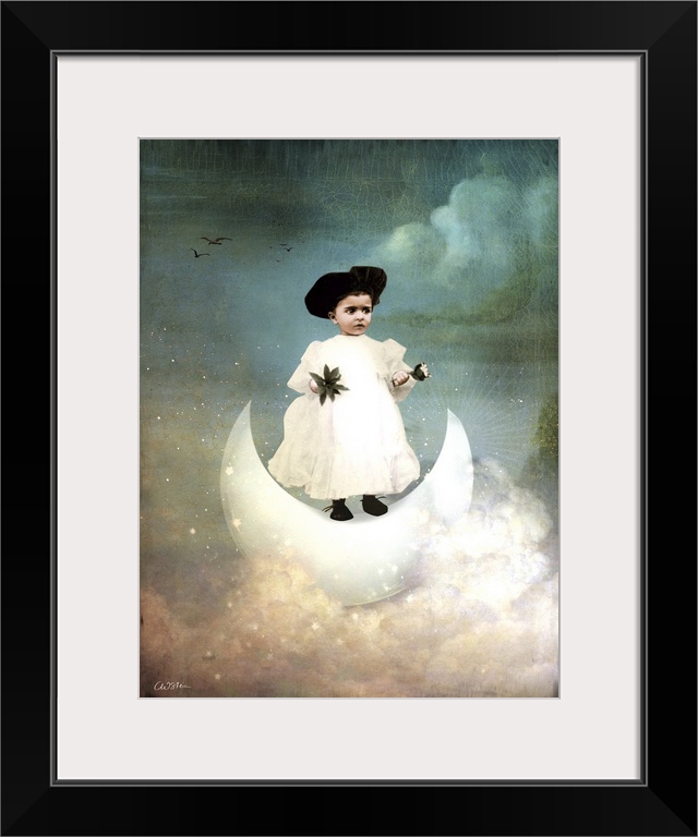 A young child in white is standing of a crescent moon in the clouds.