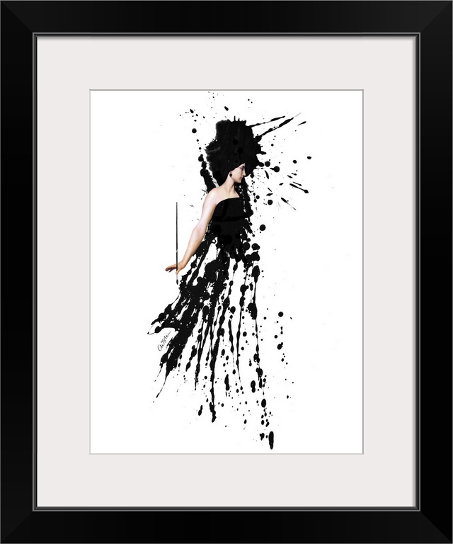 A woman holding a paint brush has an outfit made out of black paint splatters.