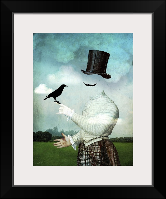 A digital composite of an invisible man holding a black bird.