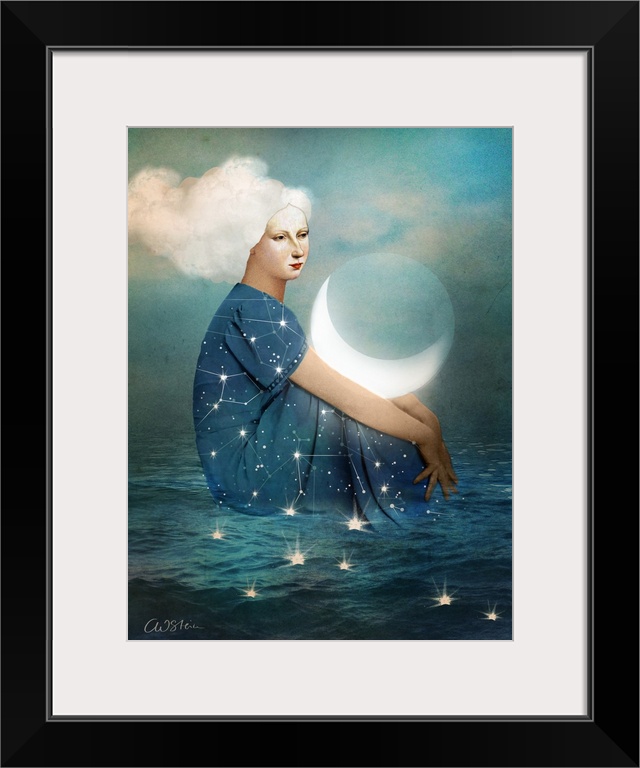 Conceptual artwork of a woman with constellations on her dress, sitting in the ocean with the moon on her lap and clouds a...