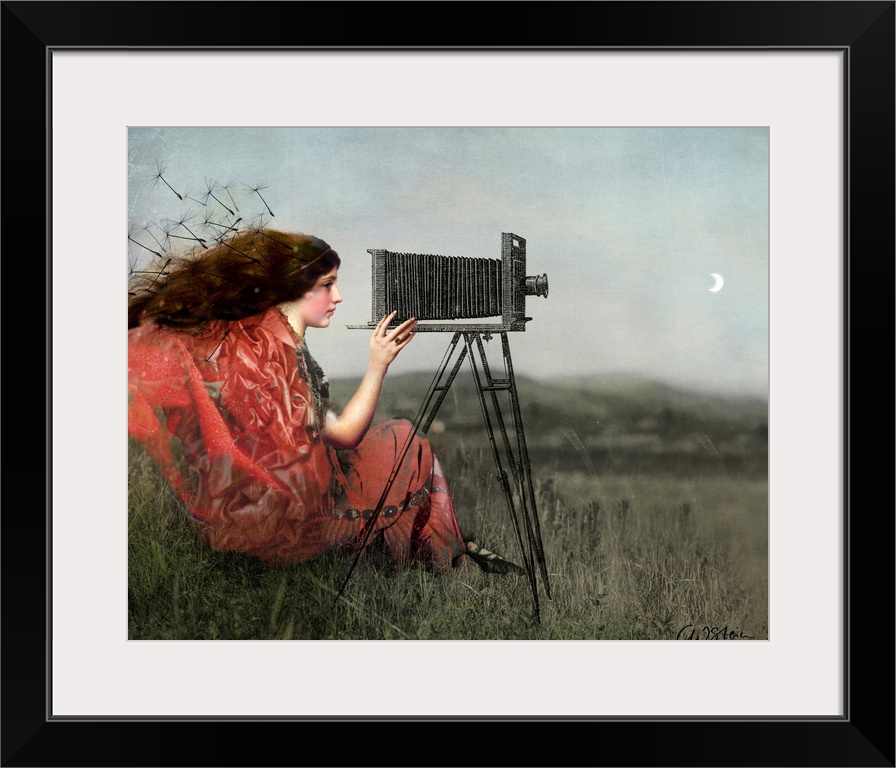 A digital composite of a female in a field using a view camera.