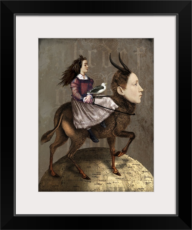 A lady with a bird is riding a mythical creature of half man, half deer.  They are standing on a globe with a textured, we...