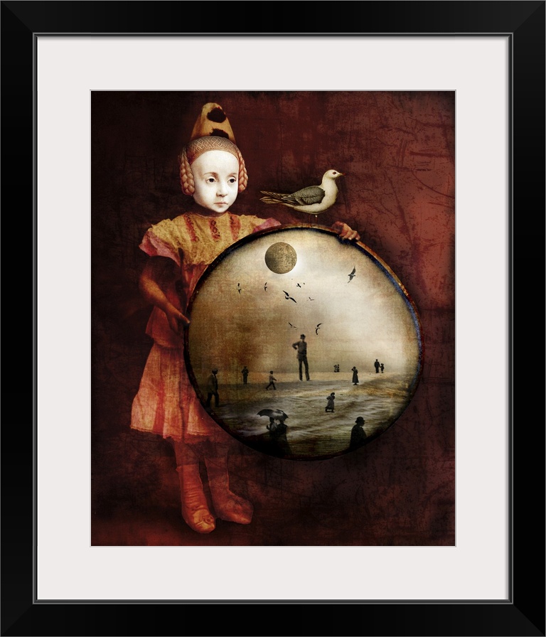 An abstract composite of a child holding an image of people walking on a beach, with a bird perched on top of it.