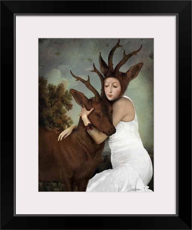 A lady with antlers and ears is hugging a stag.