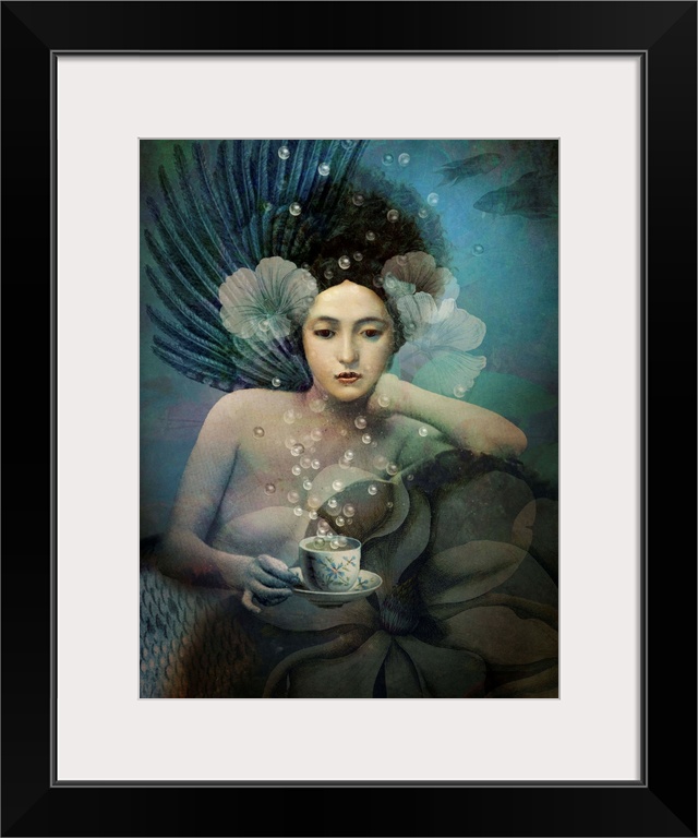 A lady, resting on a large flower, is holding a cup and saucer as bubbles float from it.