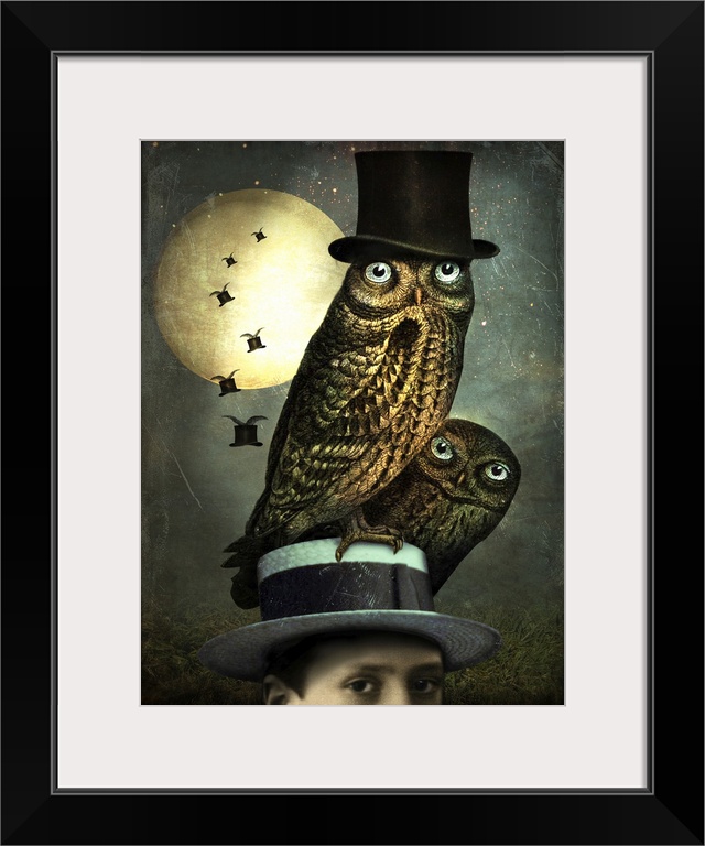 An abstract composite of two owls perked on top of a hat with flying top hats in the moonlight.