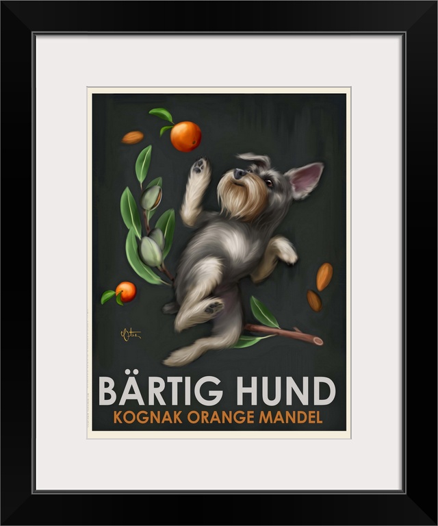 Retro style advertising poster featuring Miniature Schnauzer with German Cognac