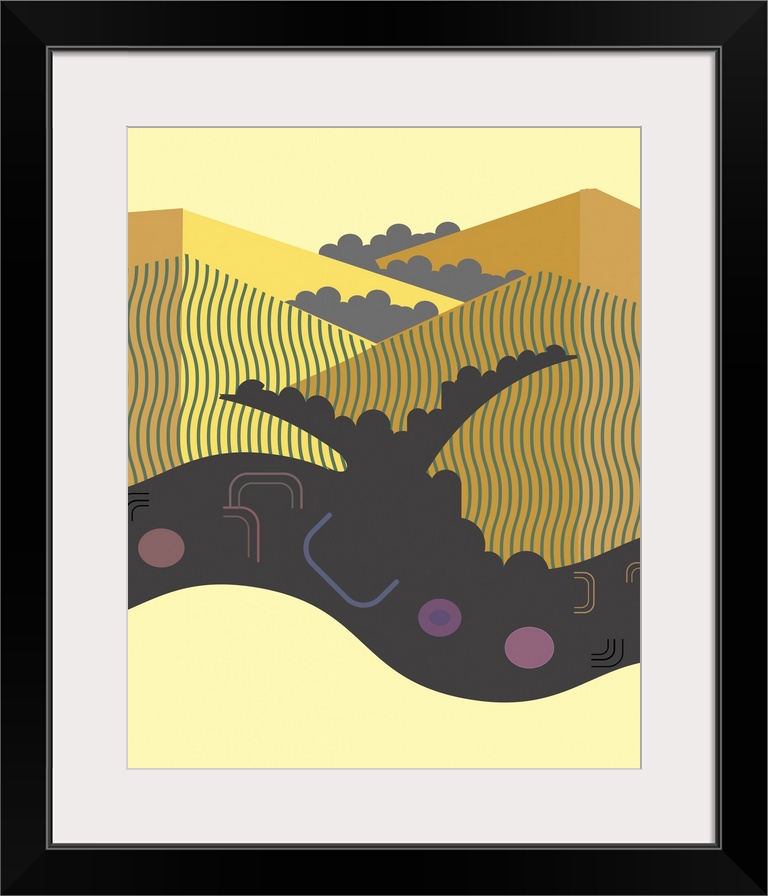 Abstract and geometric illustration of California beach and background hills.