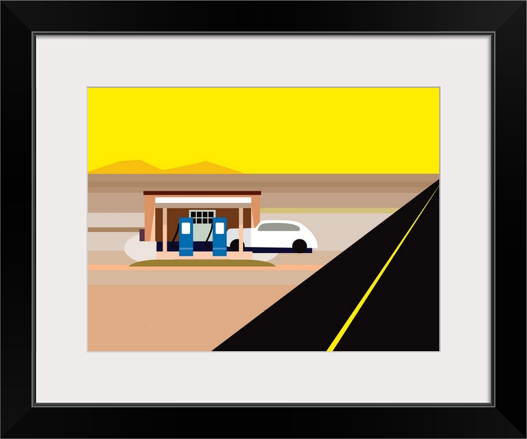 A digital illustration of a gas station in a desert area.