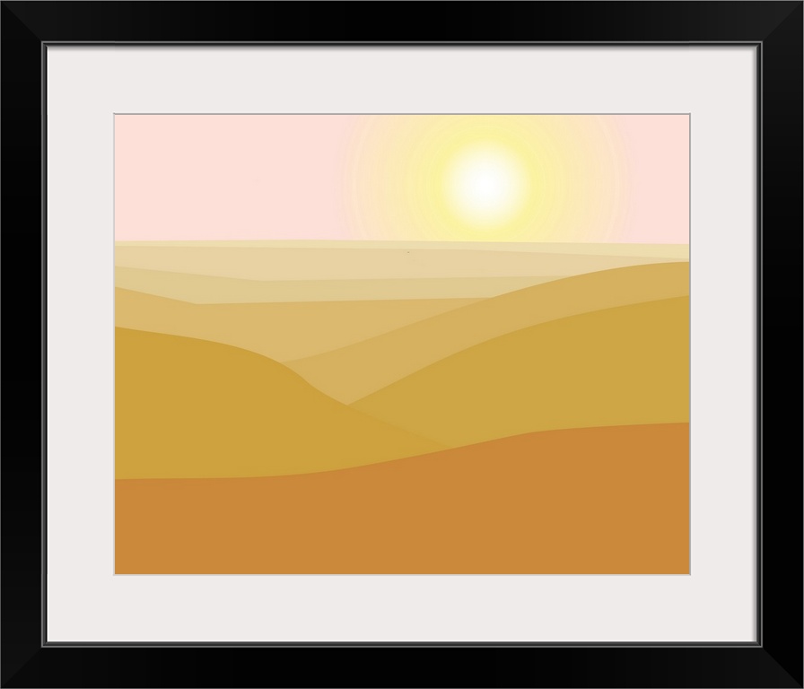 Illustration of dry desert landscape with sun in the sky.