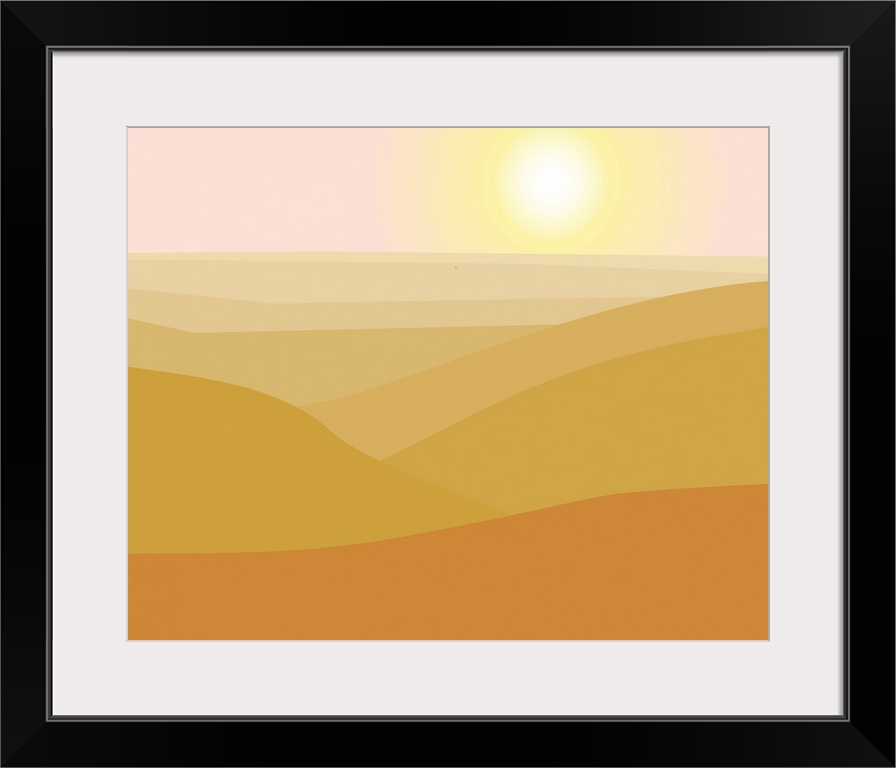 A digital landscape of rolling hills with a sunrise in various shades of yellow.