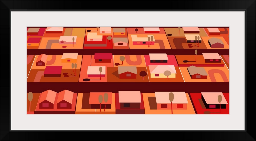 Horizontal illustration of housing in warm orange and reds of housing in southwest. Urban tract housing from the mid-century.