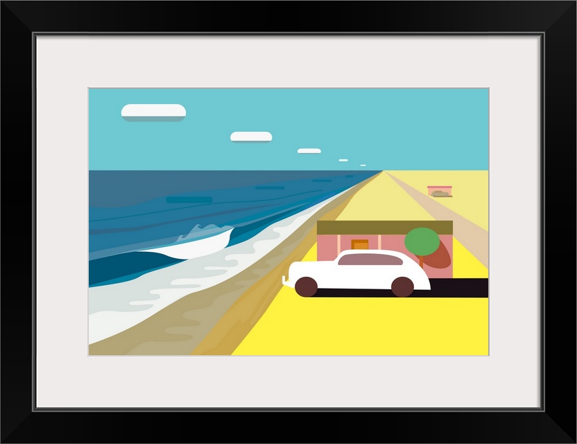 A horizontal digital illustration of a beach with a single house and a parked car.