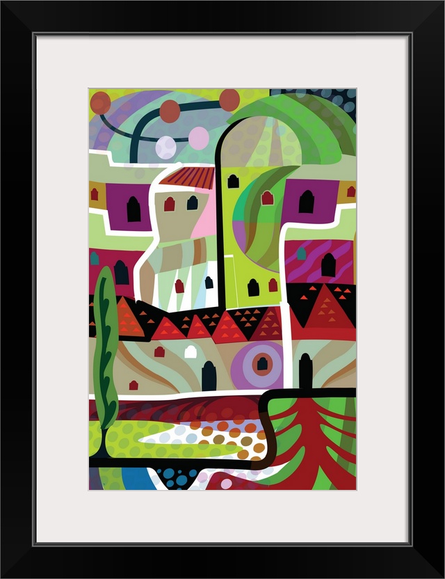 Digital vertical illustration of an abstract landscape.