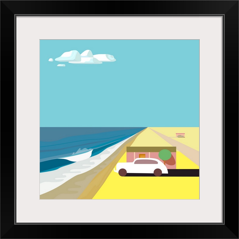 A square digital illustration of a beach with a single house and a parked car.