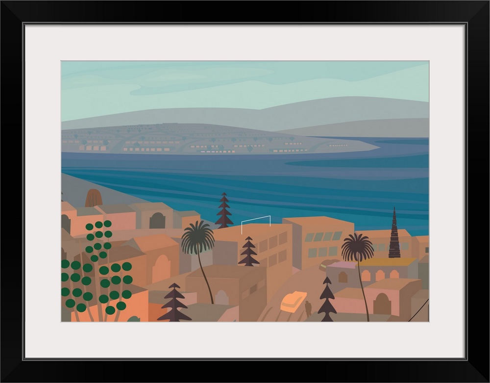 Mexican town by the sea and desert. Illustration and painting.