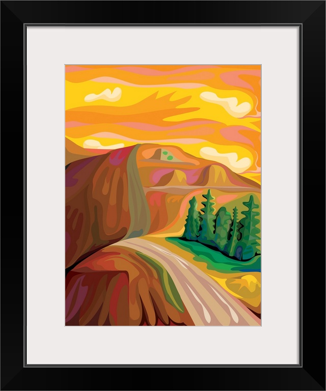 A vertical illustration of a road along a mountain with a vibrant yellow and gold sky.