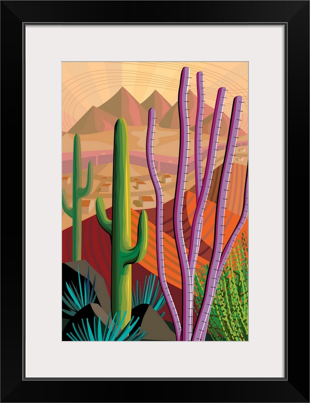 Vertical digital illustration in vibrant colors of Tucson, Arizona.