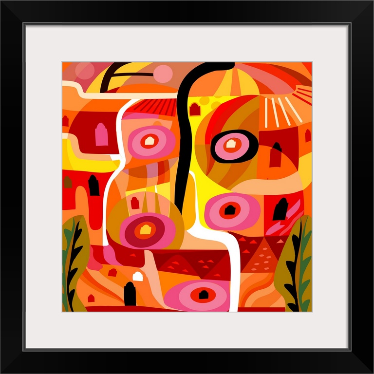 A square digital illustration of various shapes in bright shades of orange and pink.