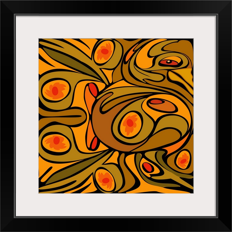 A square design of abstract curved shapes and floral patterns within circles in shades of orange and brown.