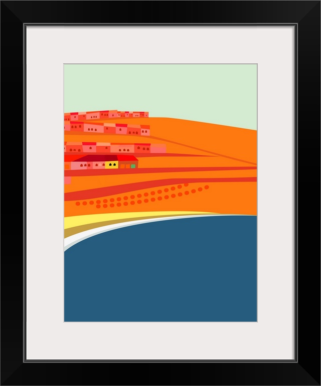 Artistic digital illustration in hues of vibrant orange of Rosarito Beach in Mexico.