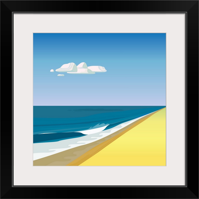 A simple, clean illustration of waves on a beach and a single cloud.