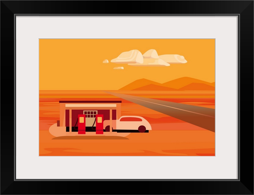 A digital illustration of a gas station in a desert area of Nevada.