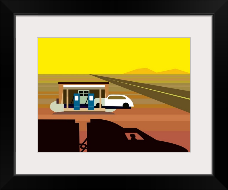 A digital illustration of a gas station in a desert area.