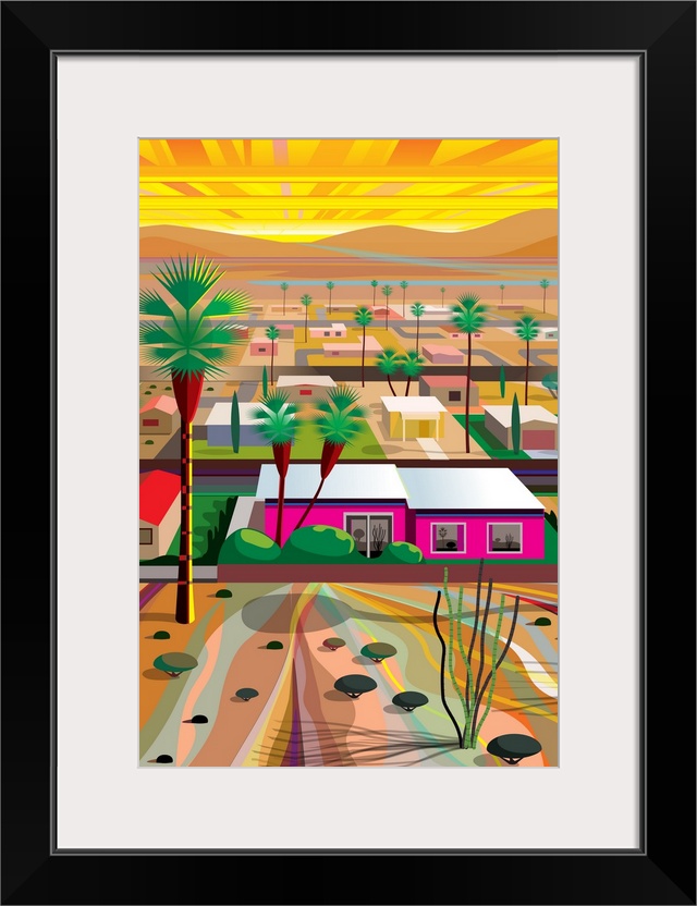 Vertical digital illustration of an Arizona town with homes in the middle of the desert and tall palm trees surrounding.