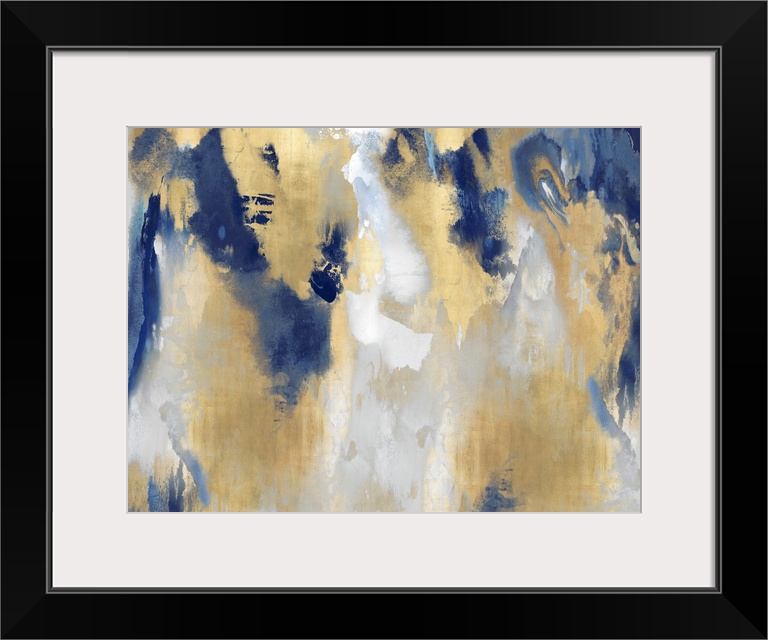 A large, horizontal abstract painting in shades of indigo and gold. This statement piece of art would look outstanding in ...